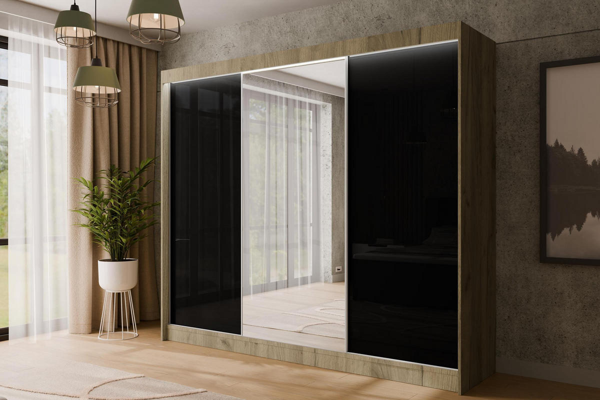 KLEIDERSCHRANK VESLI mit LED - 250 cm - Braun|Schwarz - Schwarz/Braun, Holzwerkstoff (250/215/61cm) - ALTDECOR