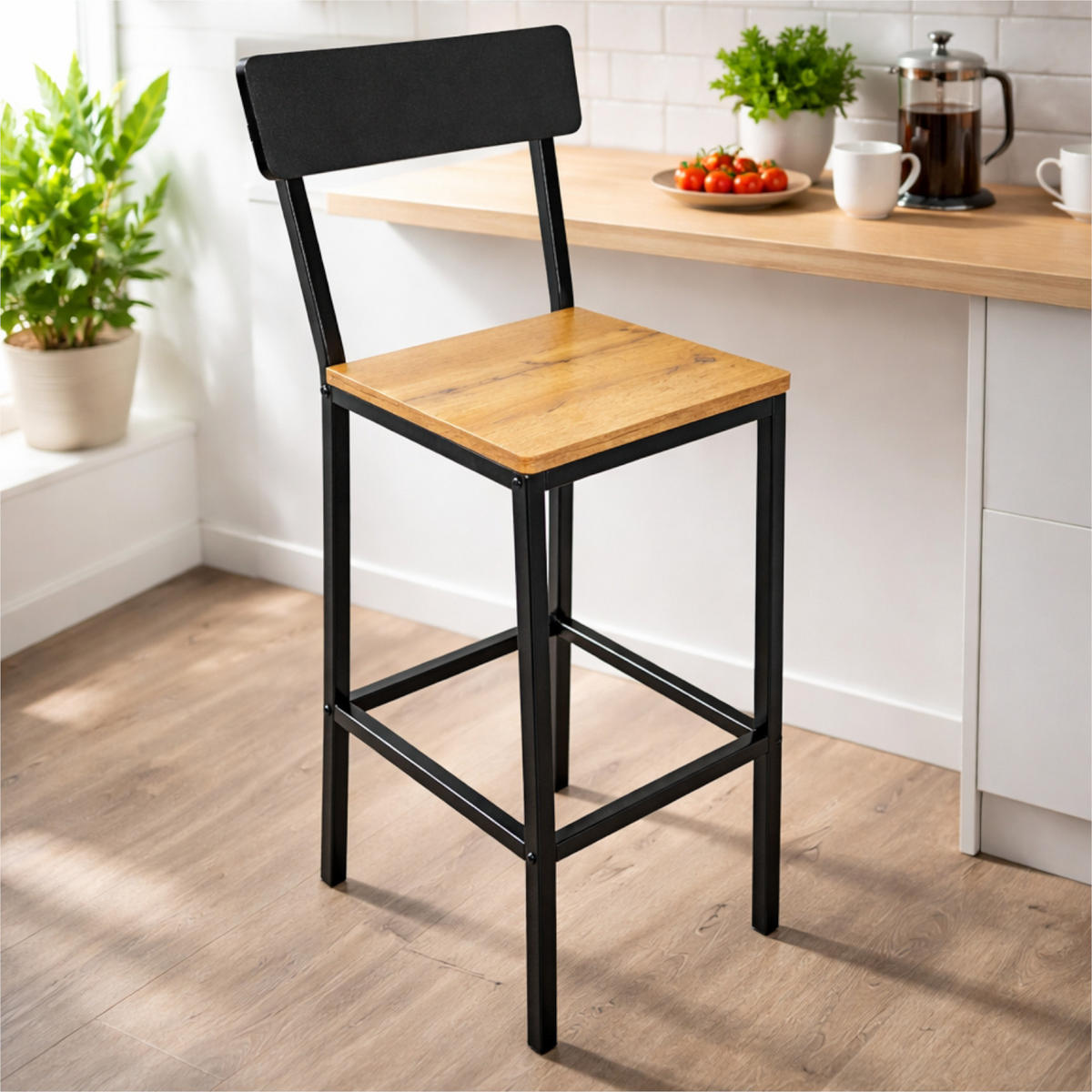 BARHOCKER Holzoptik Metall Eichefarben Schwarz mit Rückenlehne 90x30x40 cm - Eichefarben/Schwarz, Holzwerkstoff/Metall (30/90/40cm) - Begryf