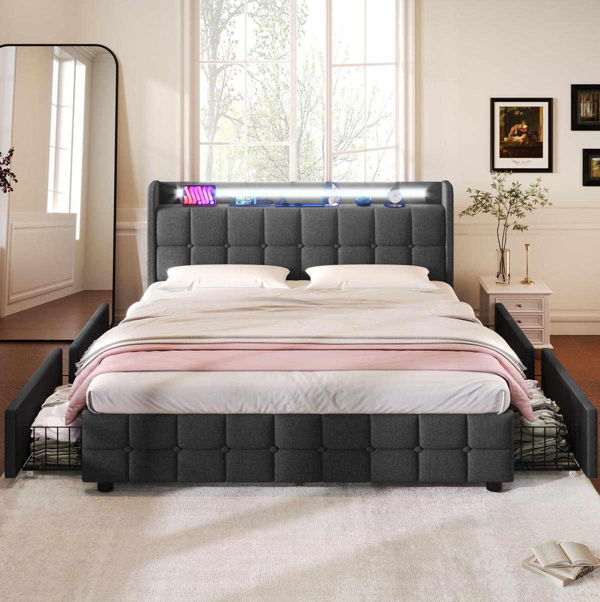 POLSTERBETT mit USB, Steckdosen, LED und 4 Schubladen 160x200 cm Grau - Grau, Holz (160/200cm) - Meubliv