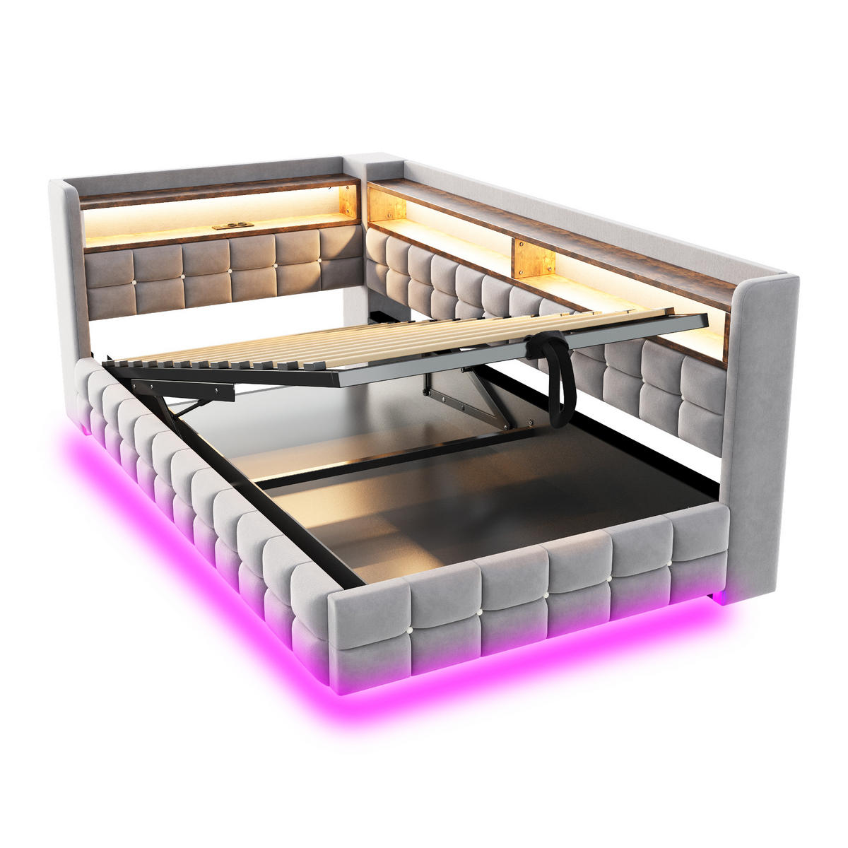SCHLAFSOFA 90/200 cm in Hellgrau Samt mit Bettkasten, LED und USB/Type-C - Hellgrau, Holzwerkstoff/Textil (90/200cm) - CHICFURN
