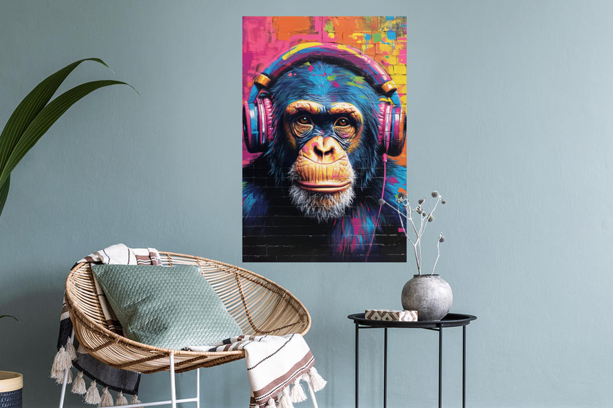 WANDTATTOO Graffiti - Schimpanse - Straßenkunst - Kopfhörer - Affe 40x60 cm - Blau, Kunststoff (40/60/0.1cm) - MuchoWow