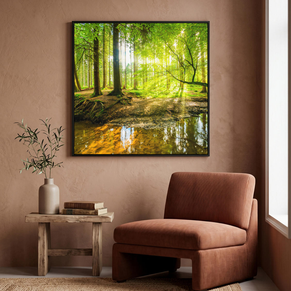 LEINWAND Bilder mit Rahmen - Wald - Landschaft - Wasser - Bäume - Sonne - Grün - Natur - 90x90 - Grün, Textil (90/90cm) - MuchoWow