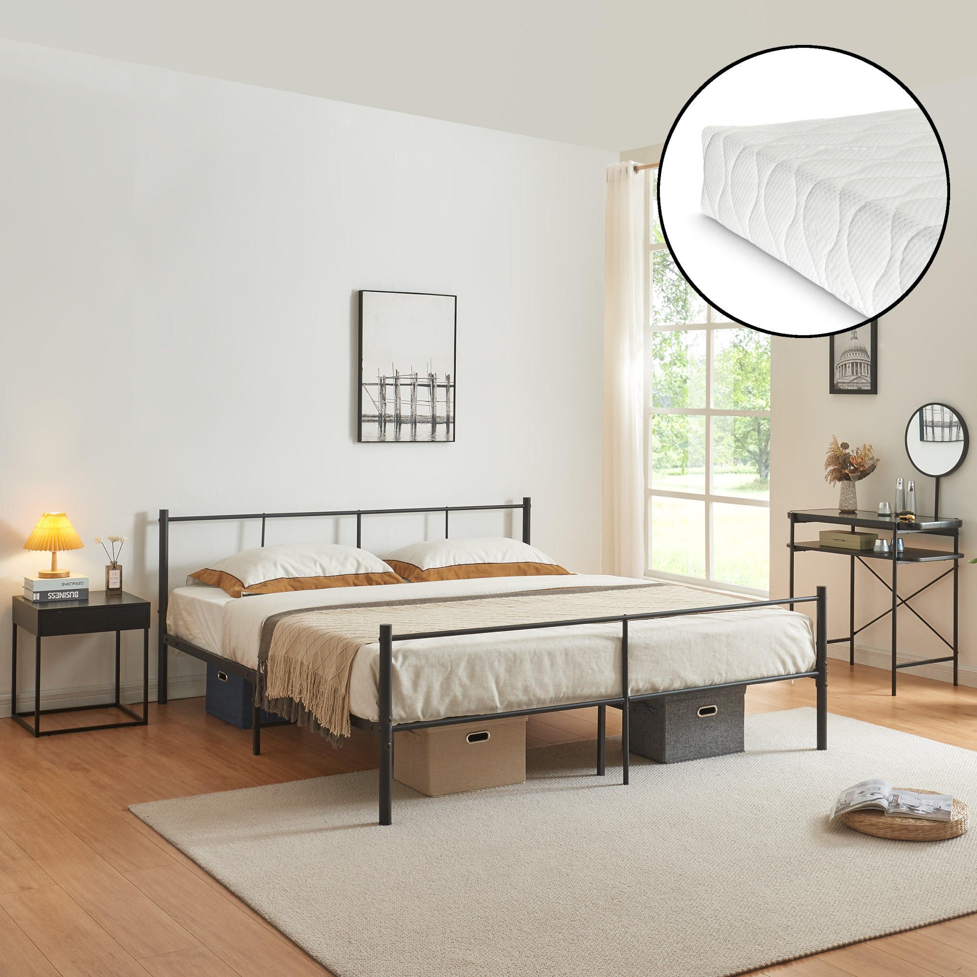 METALLBETT Laos mit Matratze - Schwarz, Textil/Metall (160/200cm) - [en.casa]