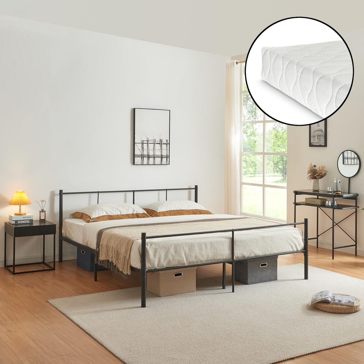 METALLBETT Laos mit Matratze - Schwarz, Textil/Metall (160/200cm) - [en.casa]