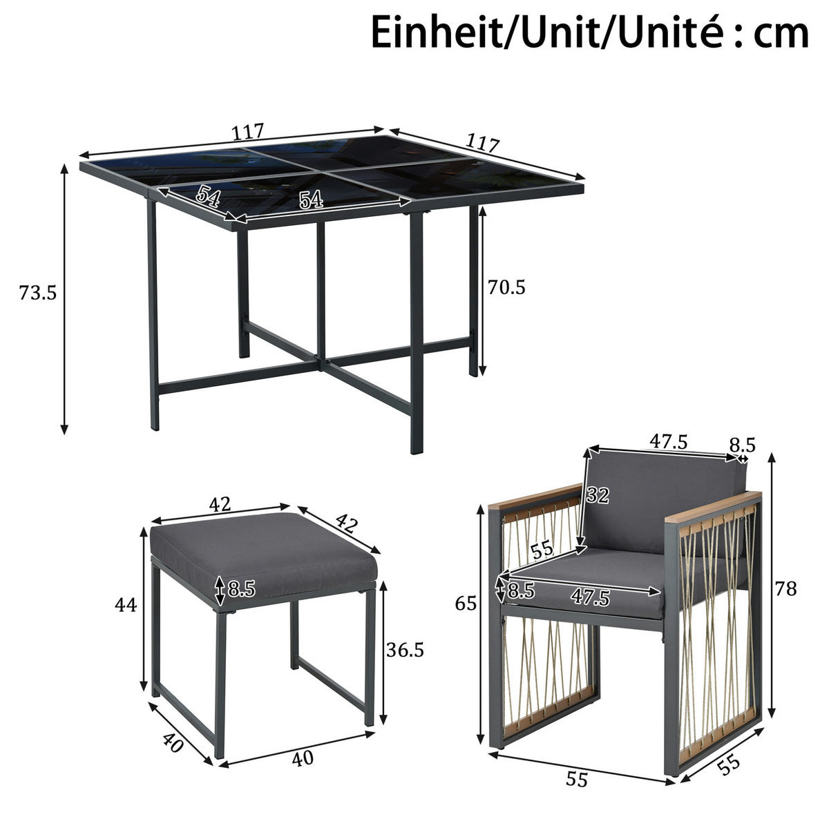 GARTEN-ESSGRUPPE 7-tlg. mit Tisch 117x117 cm Schwarz/Natur - Schwarz, Metall - Beauniv