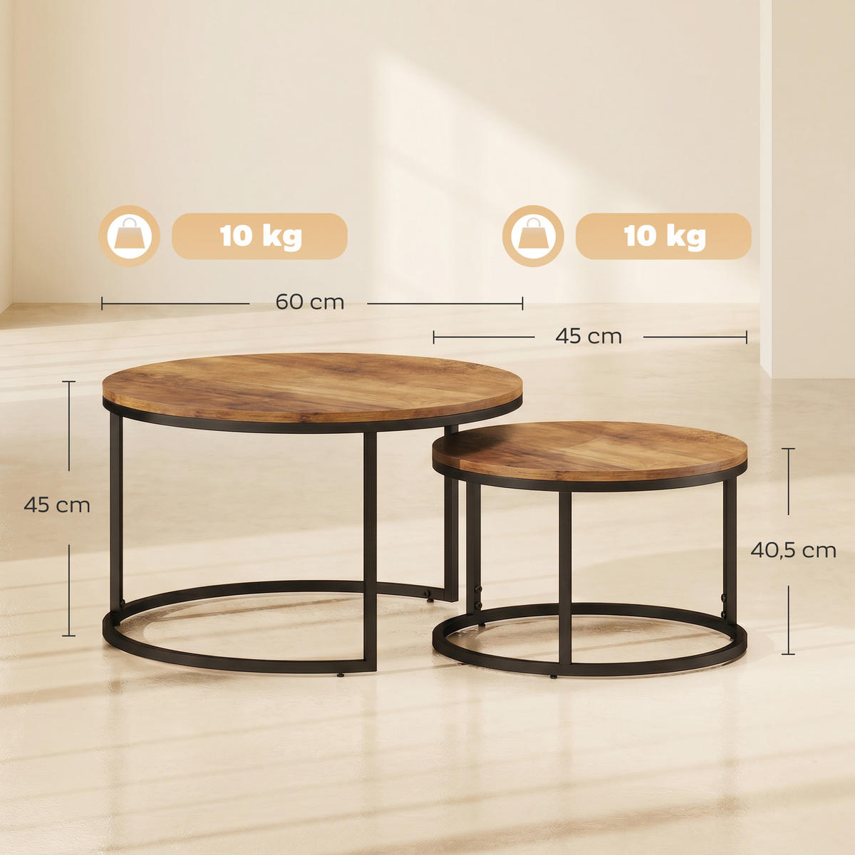 COUCHTISCH 2er Set Spanplatte Metall Braun - Schwarz/Braun, Holzwerkstoff/Metall (60/60/45cm) - HOMCOM