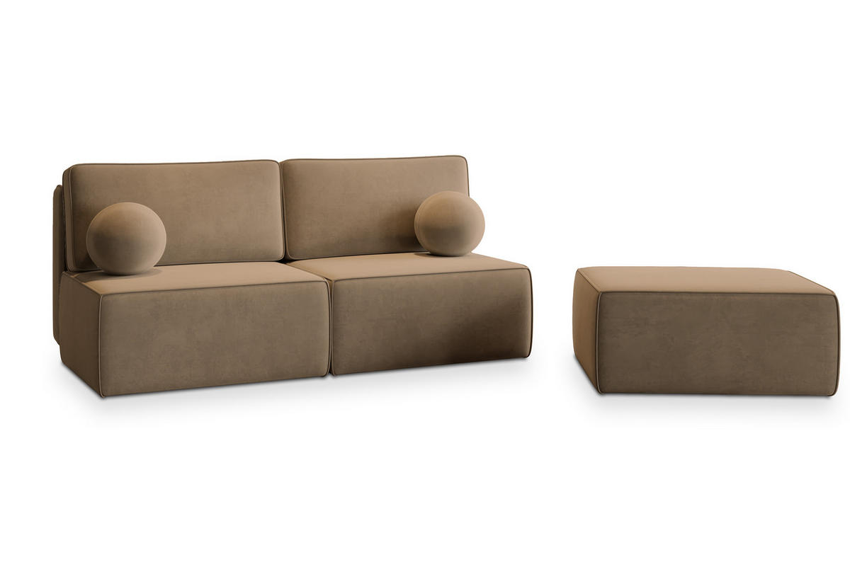 ECKSOFA VARNA M Beige Velours-Stoff mit Schlaffunktion - Beige, Holz (196/158cm) - MASSENO