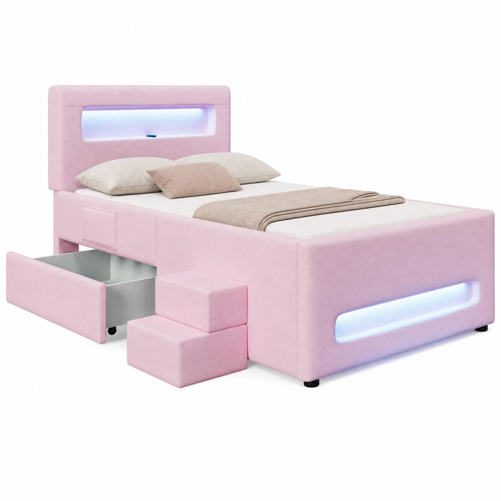POLSTERBETT 90/200 cm in Rosa mit Schublade, LED und USB - Rosa, Holzwerkstoff/Textil (90/200cm) - CHICFURN