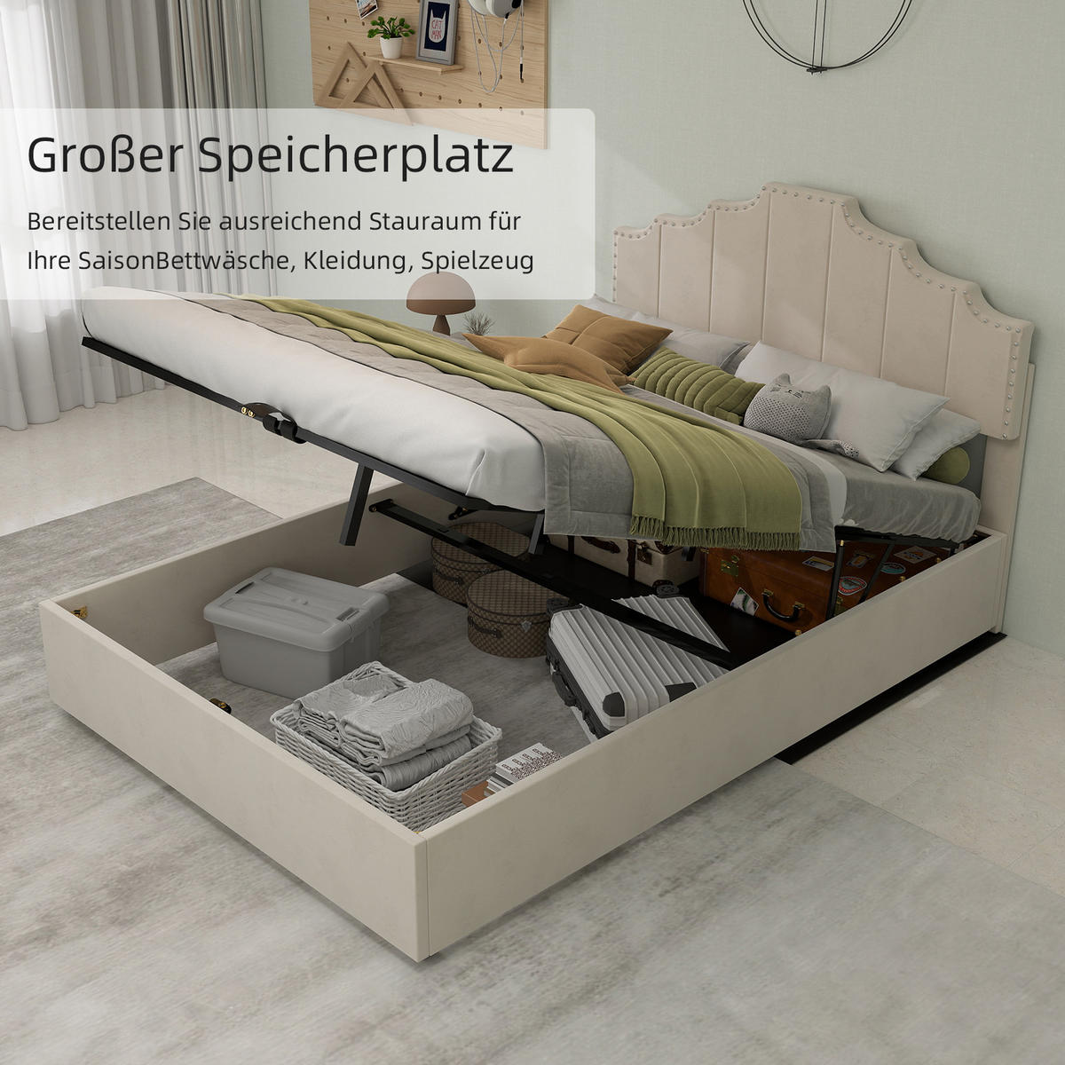 POLSTERBETT 140/200 cm in Beige Stoff mit Geometrischem Kopfteil - Beige, Holzwerkstoff/Textil (140/200cm) - WISHDOR