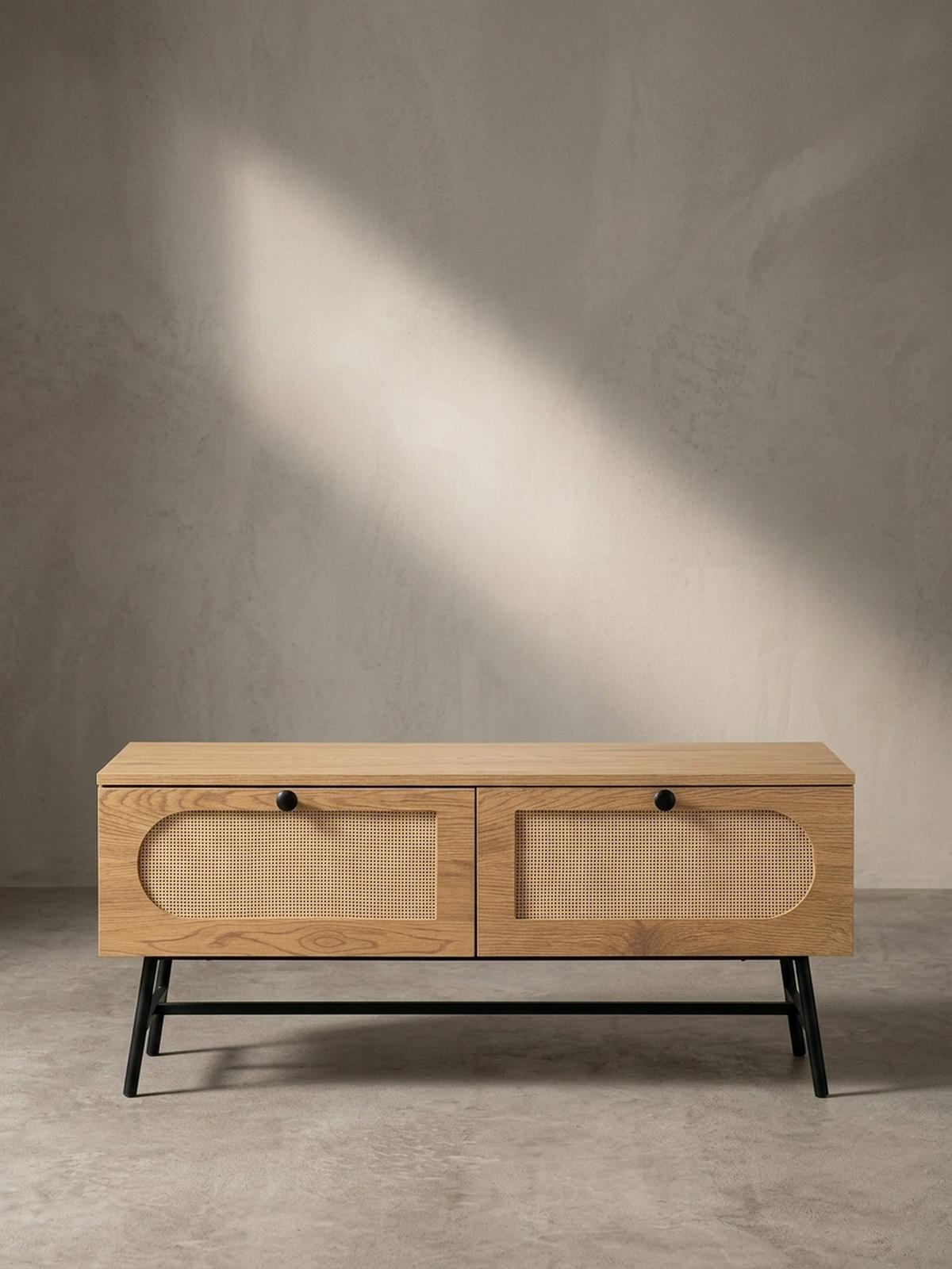 LOWBOARD Eiche-Dekor Rattan Modern Stil 100x45x40 cm mit Schubladen - Schwarz/Braun, Holzwerkstoff/Metall (100/45/40cm) - KADIMA DESIGN