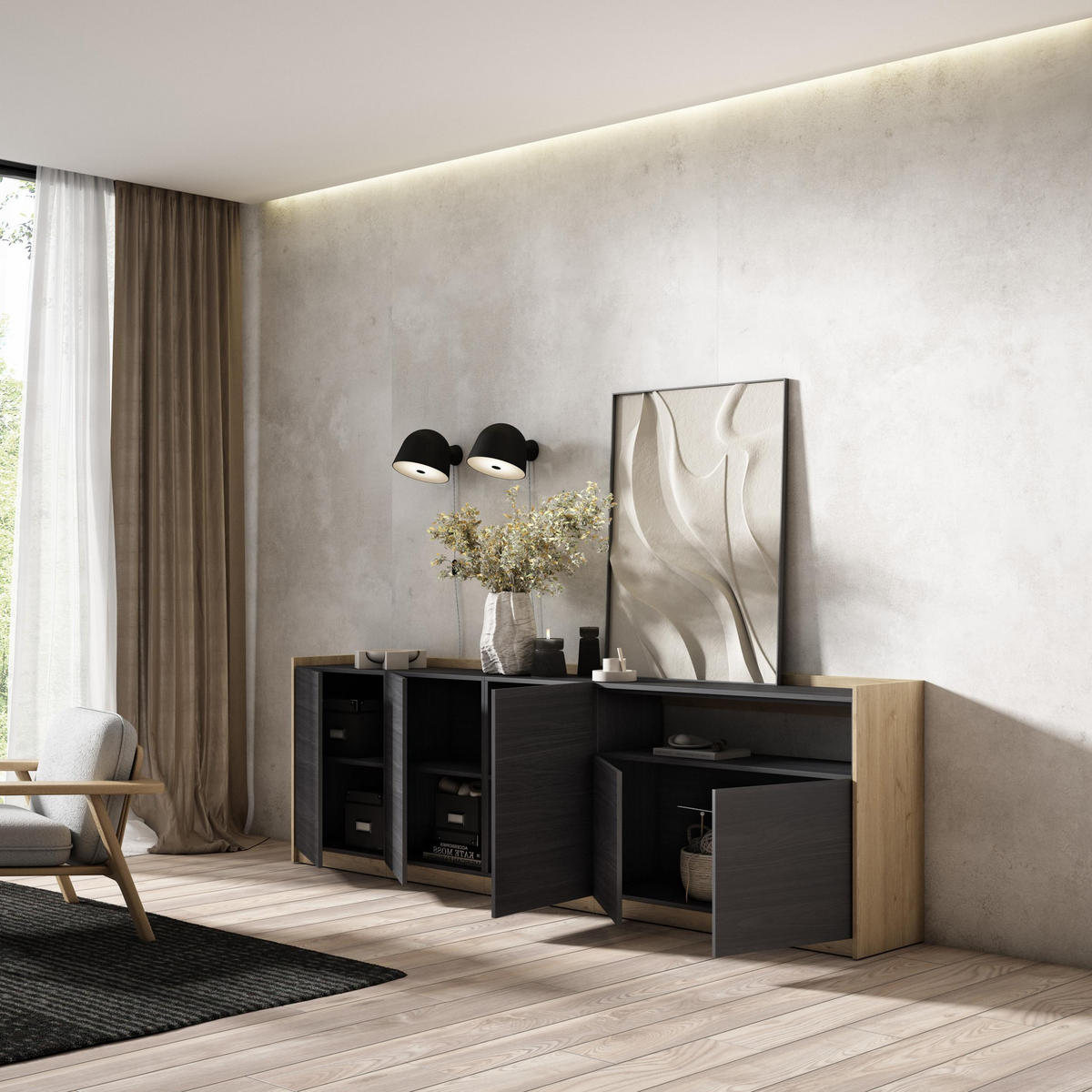 SIDEBOARD, Highboard, Schwarz Eiche, 260/37/80cm - Schwarz, Holzwerkstoff (260/80/37cm) - Skraut Home