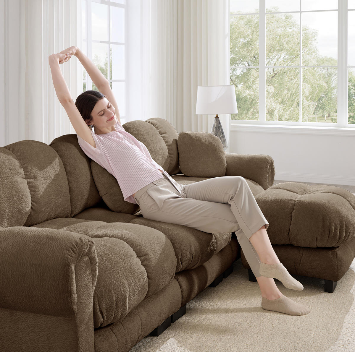 SOFA U-Form 3-Sitzer Chenille Braun mit beweglichem Hocker - Braun, Holz (149/90/260.1cm) - Meubliv