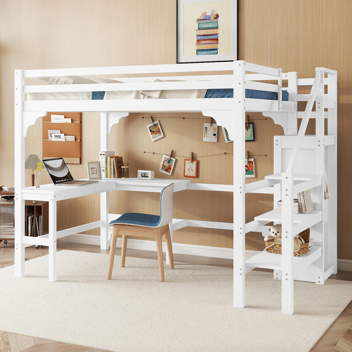 HOCHBETT 140/200 cm mit L-förmigem Schreibtisch, offenem Kleiderschrank und Stauraumtreppe, Kiefer/MDF, Weiß - Weiß, Holzwerkstoff (140/200cm) - Redom