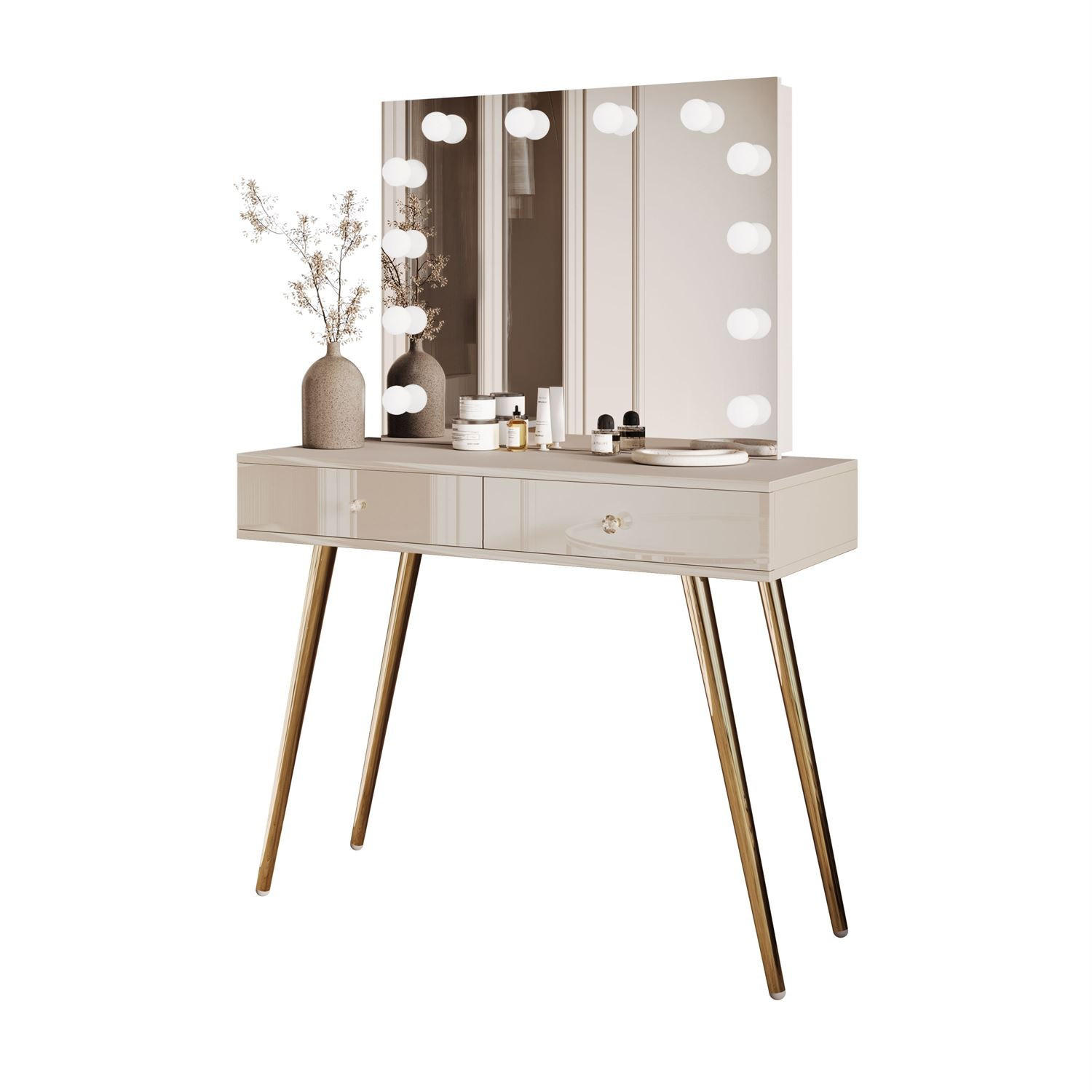 SCHMINKTISCH SIENNA GOLD ELITE auf schrägen Beinen Kristallgriff - Beige, Holzwerkstoff (100/81/42cm) - Lookway