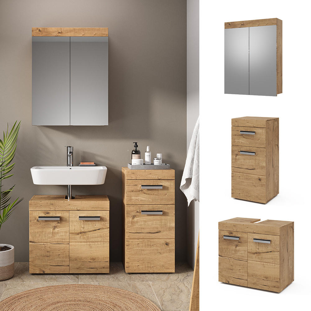 BADMÖBEL-SET Luna Eiche Wotan 3 Teile, mit Midischrank - Eiche Wotan, Holzwerkstoff (60/56/34cm) - Vicco