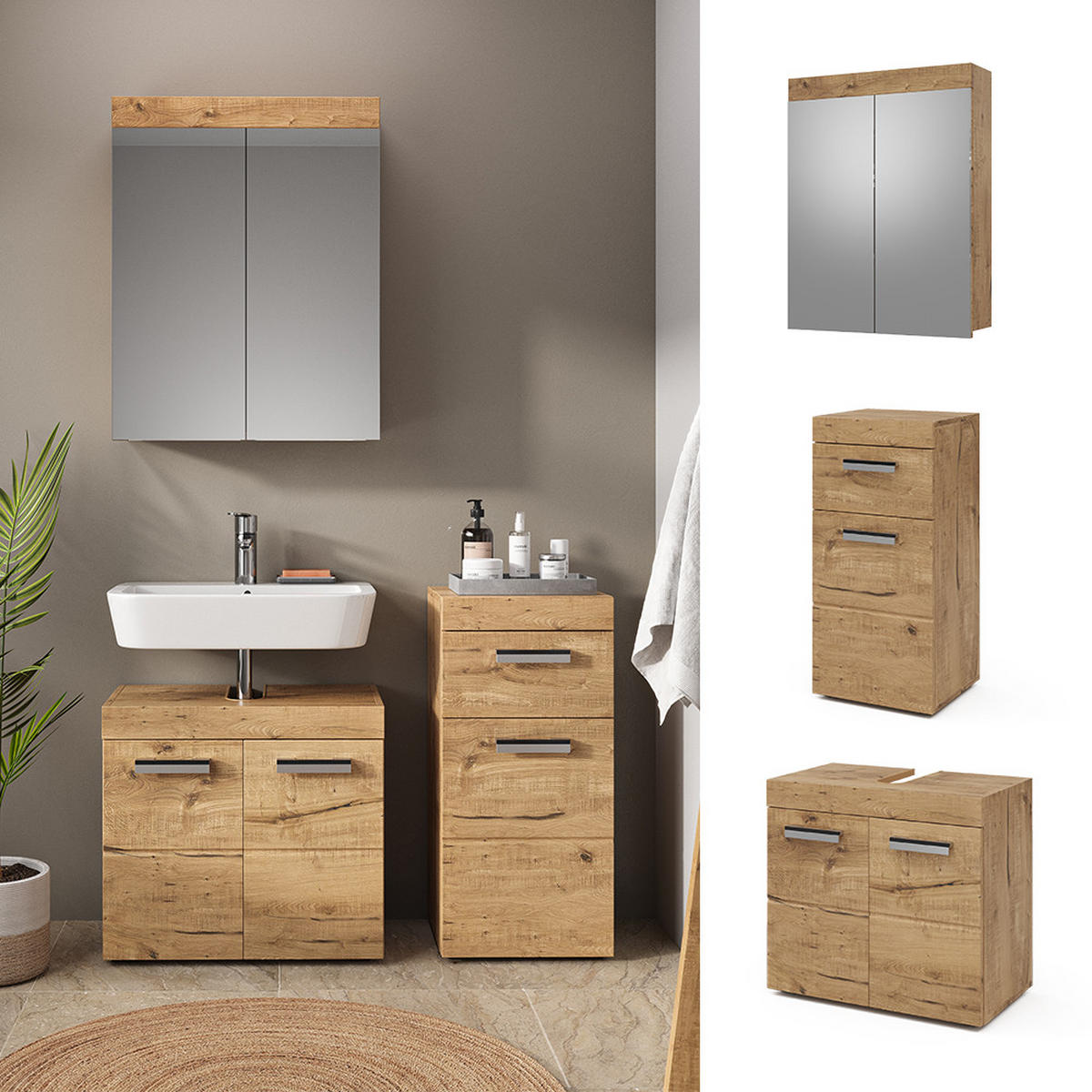 BADMÖBEL-SET Luna Eiche Wotan 3 Teile, mit Midischrank - Eiche Wotan, Holzwerkstoff (60/56/34cm) - Vicco