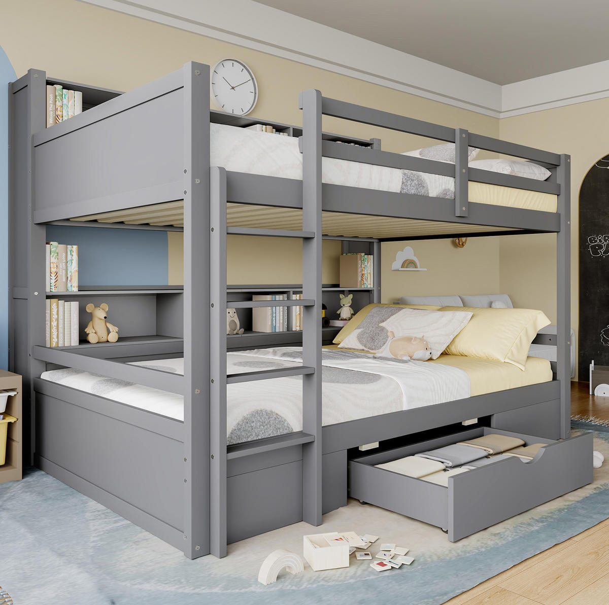 ETAGENBETT 90/200 cm Grau mit Schublade und Ablagefächern - Grau, Holz (90/200cm) - BEAOK