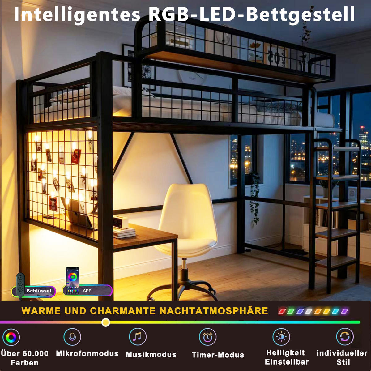 HOCHBETT 90/200 cm in Schwarz mit Schreibtisch, Ablagekorb, LED und Steckdose Metall-Design - Schwarz, Holzwerkstoff/Metall (90/200cm) - STILVORA