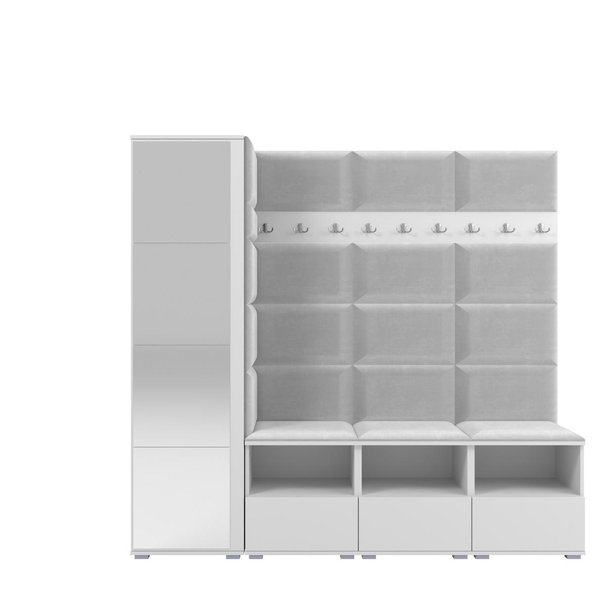 GARDEROBE NELA IX 200 cm (Modulare Flurmöbel Weiß mit Spiegel & Sitzpolster Hellgrau 32 Breite Sitzbank) - Silberfarben/Hellgrau, Holz/Holzwerkstoff (200/187/40cm) - Ravio