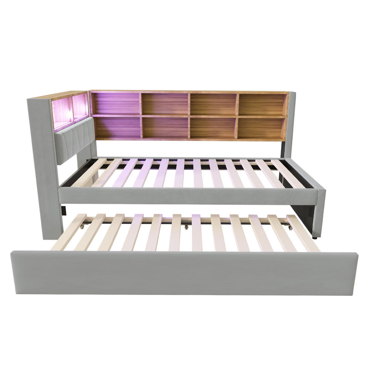 BETT mit Ausziehbett 90/200 und 90/190 cm mit LED-Beleuchtung und Ladeanschlüssen Flanell Hellgrau - Hellgrau, Textil (90/200cm) - OKWISH