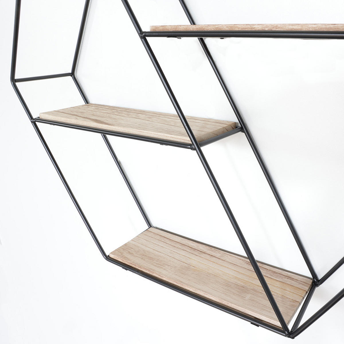 WANDREGAL Schwarzes Metall mit 3 Holzböden - Hexagon diagonal - Schwarz, Metall (55/55/48cm) - IVOL