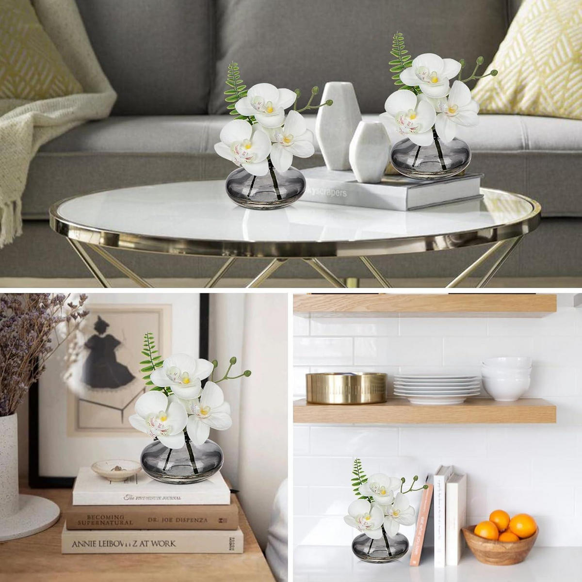 KUNSTBLUMEN 3er Set mit Glasvase Weiß - Weiß, Kunststoff (12cm)