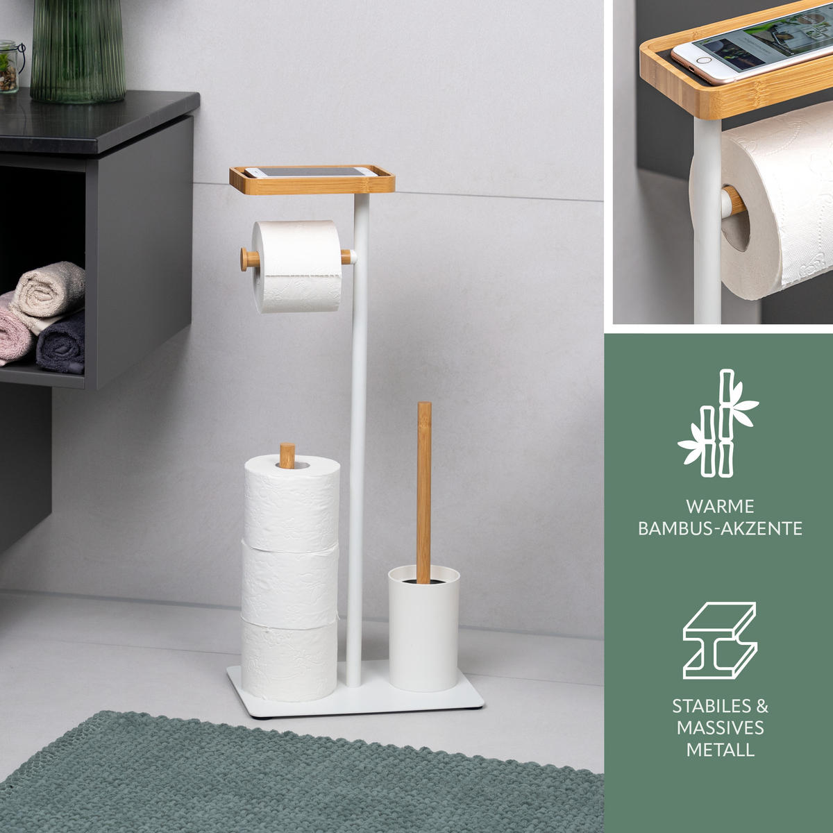 STAND-WC-GARNITUR 4in1, Bambus/Metall weiß - Weiß, Metall (30/68/18cm) - eluno