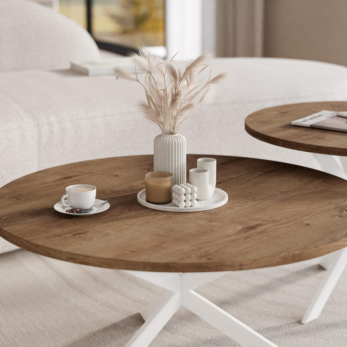 KONFERENČNÍ STOLEK LIBERO kulatý z MDF, bílý / dub Lefkas - bílá/dub San Remo, kov/kompozitní dřevo (75/75/36cm) - Idohome