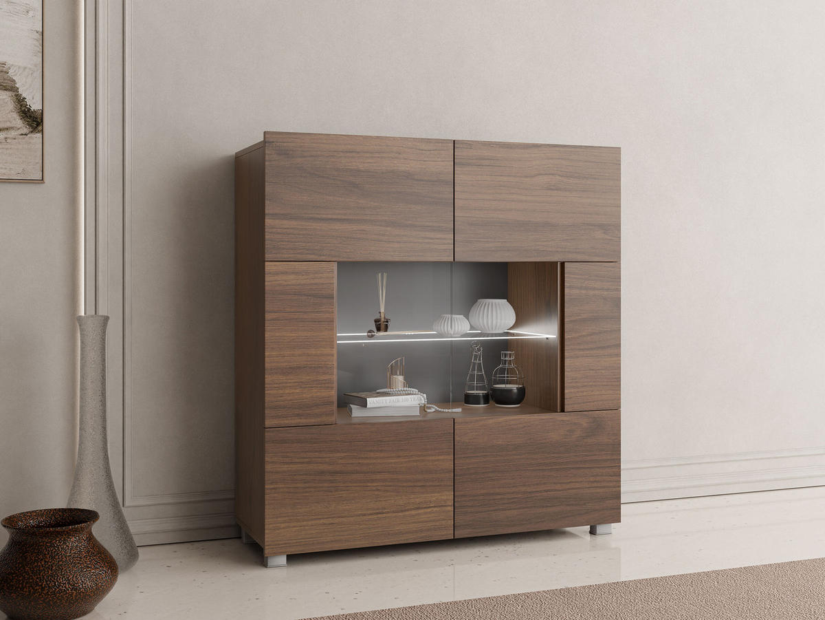 KOMMODE Calabrini 01 mit weißer LED Beleuchtung - Nussbaumfarben, Holzwerkstoff (100/107/35cm) - MIRJAN24