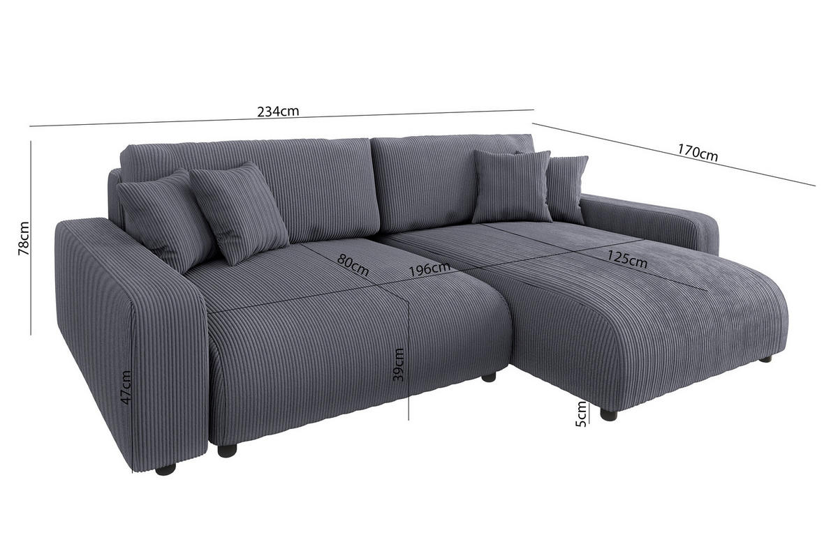 ECKSOFA Emma Grau Cord - Ottomane rechts - Grau, Textil (234/170cm) - S-Style Möbel