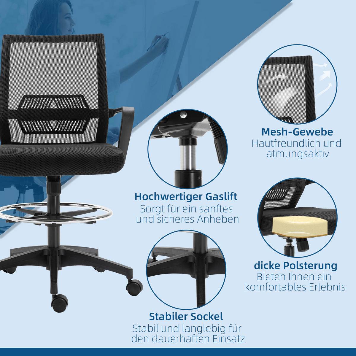 BÜROSTUHL Ergonomischer Schreibtischstuhl verstellbarer Fußring, Wippfunktion - Schwarz, Kunststoff (59/124/64cm) - Vinsetto