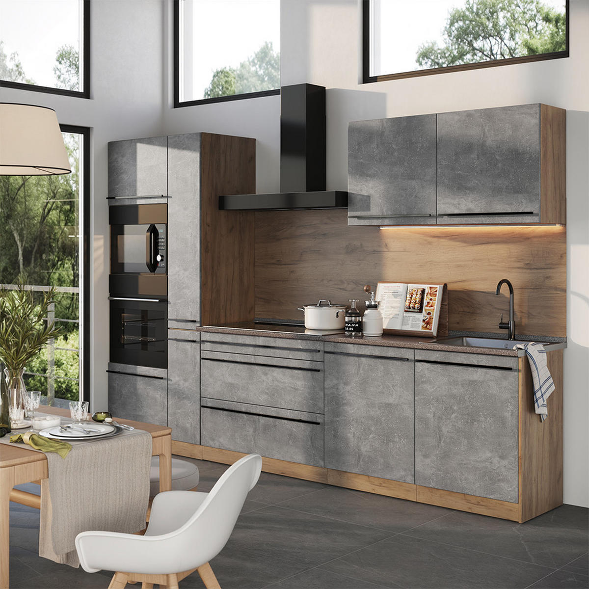 KÜCHENZEILE R-Line, Beton/Goldkraft Eiche, 310 cm Arbeitsplatte Anthrazit - Honigeiche/Grau, Holzwerkstoff (310/206.8/60cm) - Vicco