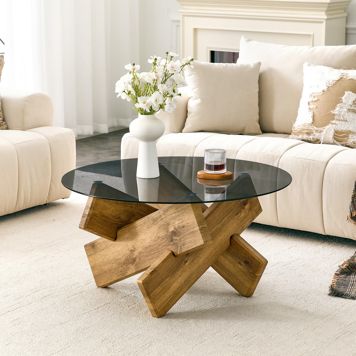 COUCHTISCH DE-37370 rund mit Glasplatte und skulpturalem Sockel Holz - Naturfarben, Holzwerkstoff (79/79/45cm) - ComfortXL