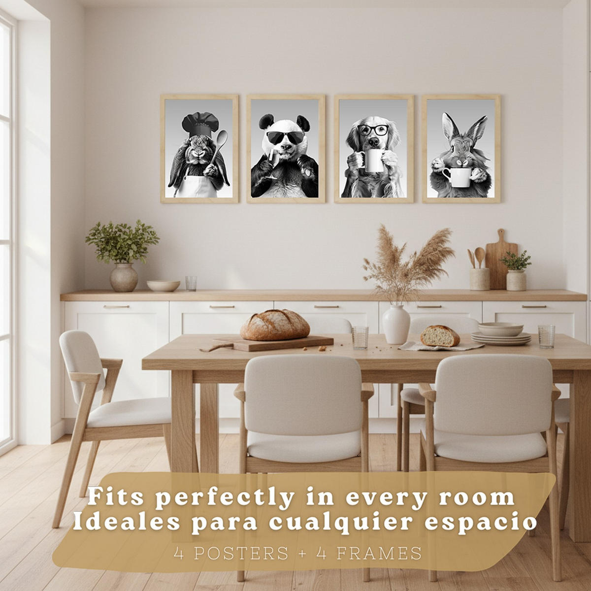 POSTER 4er Set Lustige Tiere Schwarz Weiß Wandbilder Hase Panda Golden Retriever Koch Küche Deko Rahmenlos A3 - Klar, Papier (29.7/1/42cm) - Nacnic
