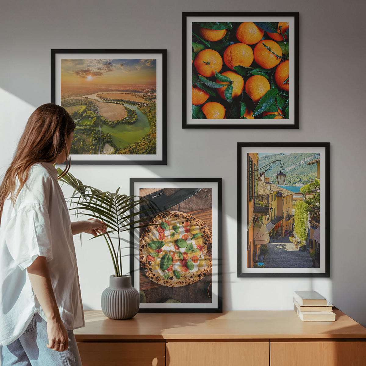 BILDER SET 4er Set - 50x50 cm & 40x60 cm Schwarzer Rahmen - Italienische Flüsse, Hügel, Straße - Schwarz, Kunststoff (50/50cm) - TULUP