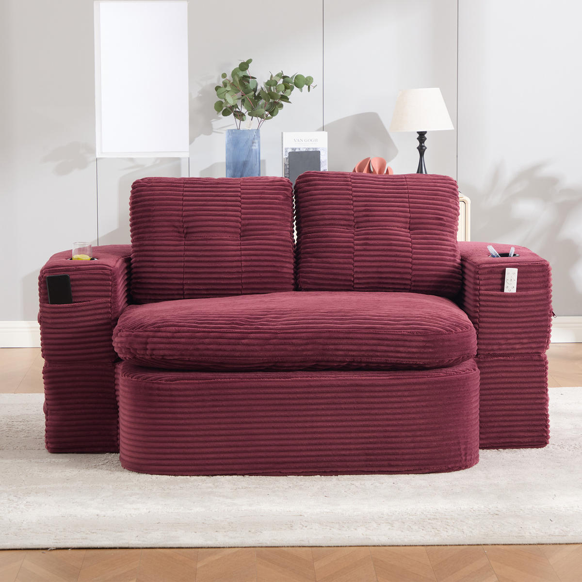 SOFA mit Liegefunktion und Getränkehaltern aus Cord in Weinrot - Weinrot, Textil (165/61/97cm) - EVRYAE