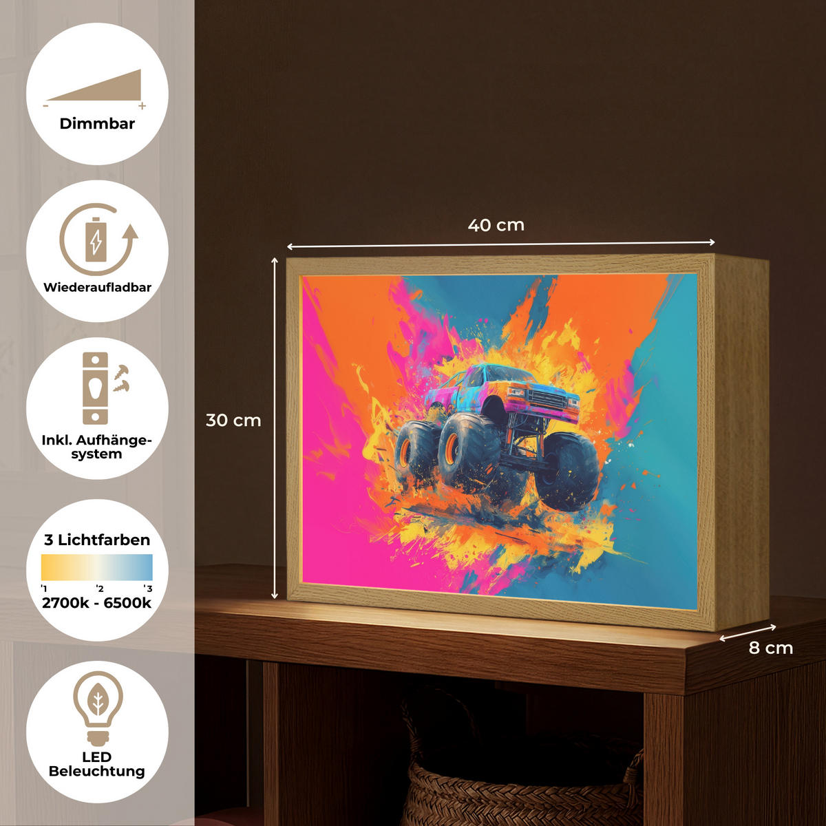 NÁSTĚNNÁ LAMPA S AKUMULÁTOREM Monster truck - Abstraktní - Stříkající barva - Barevné 40x30 cm - růžová, kompozitní dřevo (40/30/8cm) - OnlyWow