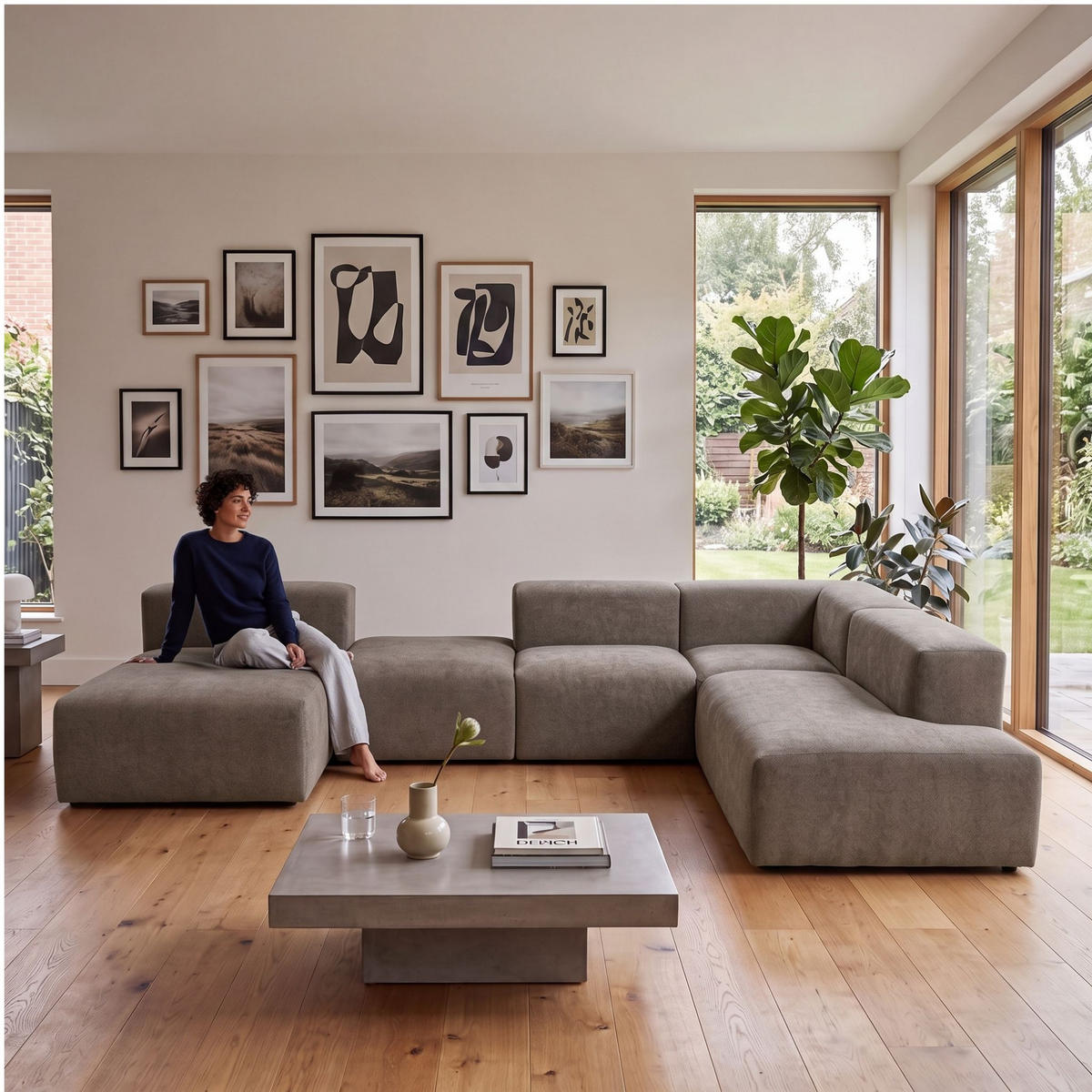 5-SITZER modulares Wohnlandschaft U XXL HEAVEN SET 6 Rechts, Breite 375 cm Webstoff Braun - Schwarz/Braun, Holz/Kunststoff (245/73/375cm) - Muffo