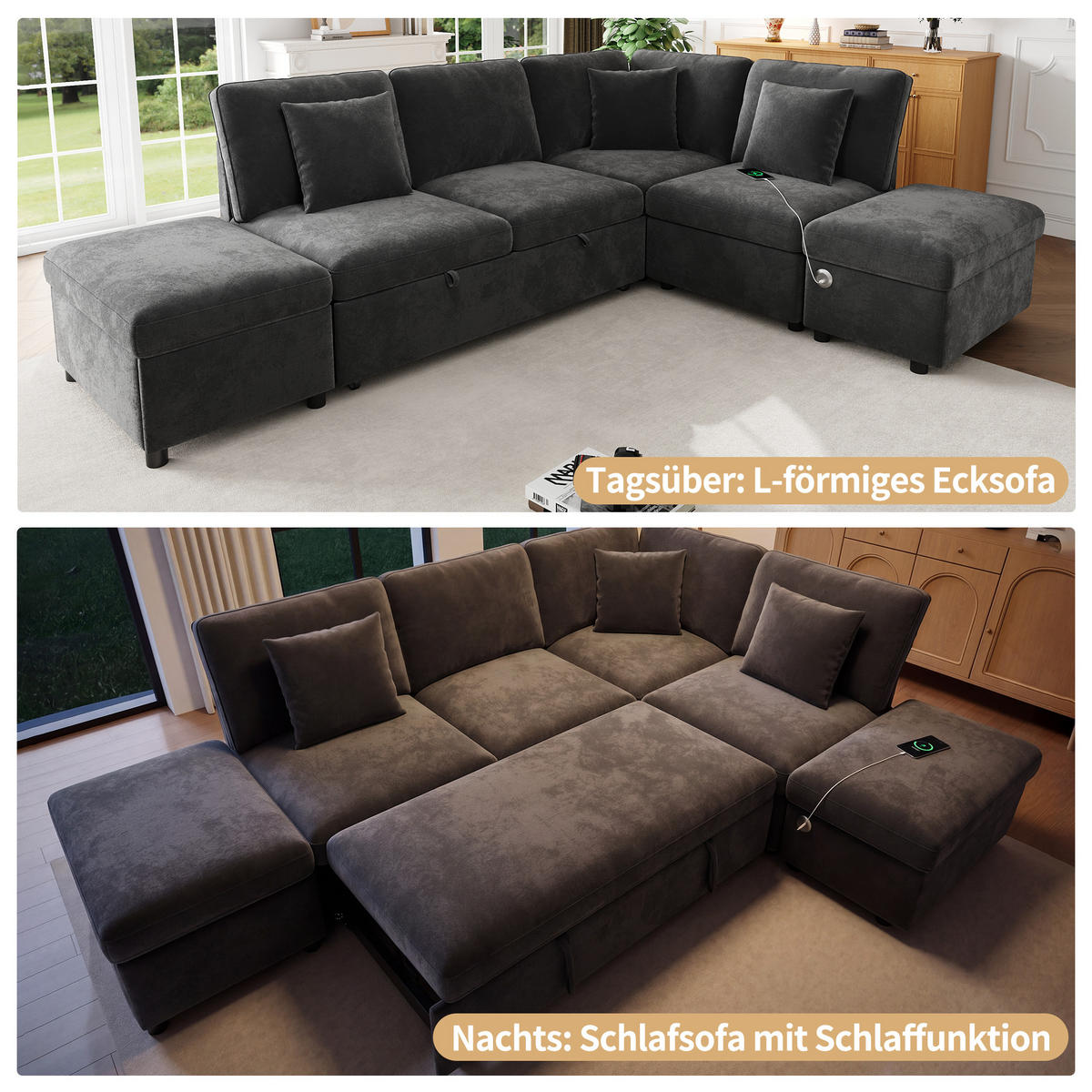 ECKSOFA mit Schlaffunktion Stauraumhocker USB/Type-C Chenille Grau - Grau, Textil (247.5/172cm) - EVRYAE