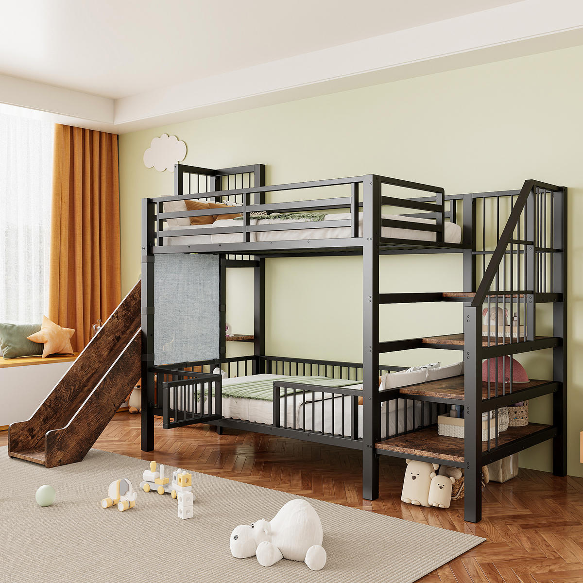 ETAGENBETT aus Metall 90x200 cm in Schwarz mit Rutsche & Stauraumtreppe - Schwarz, Metall (90/200cm) - Modfu