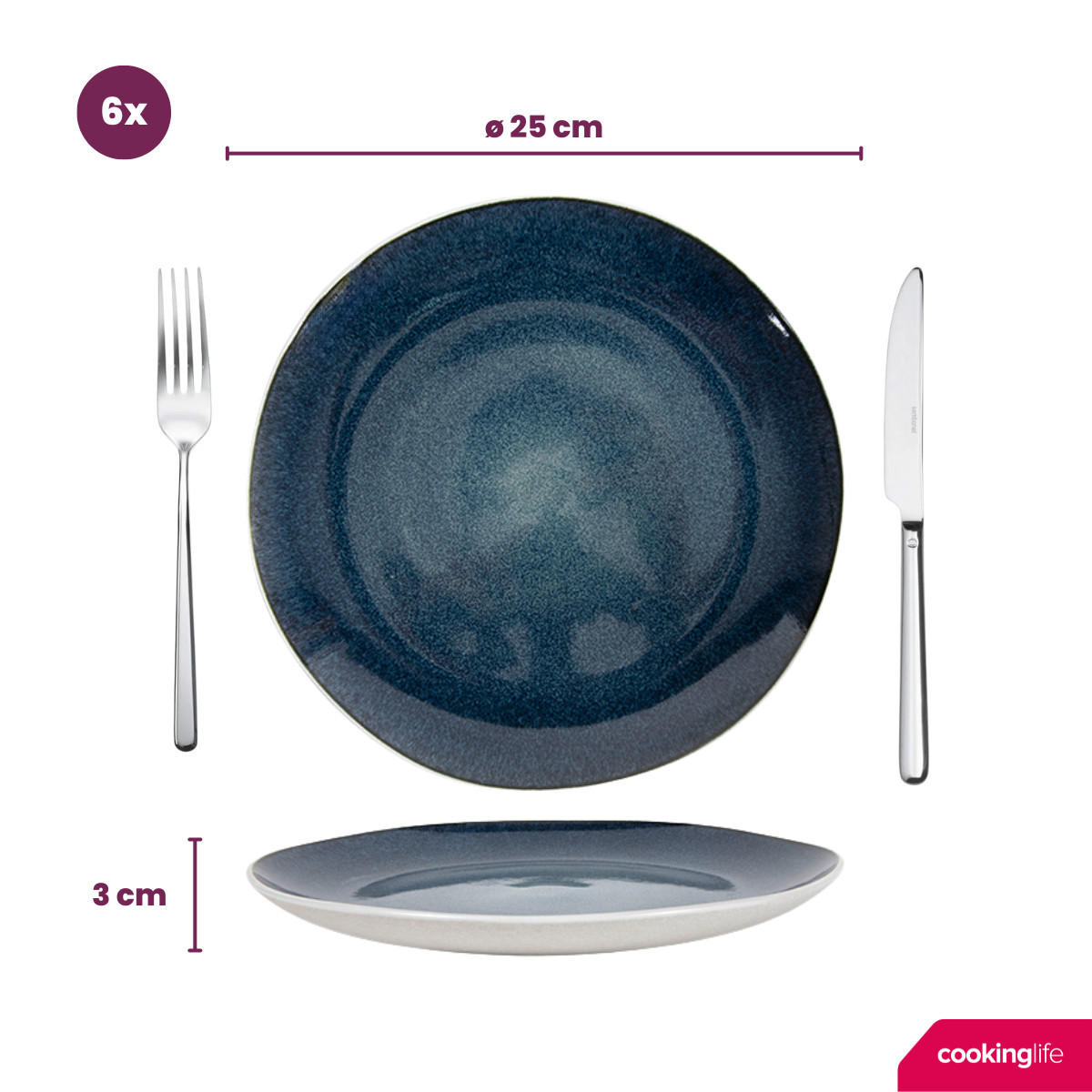 COOKINGLIFE Speiseteller Belize ø 25 cm - 6 Stück - Blau, Keramik (1/2/3cm) - Cookinglife