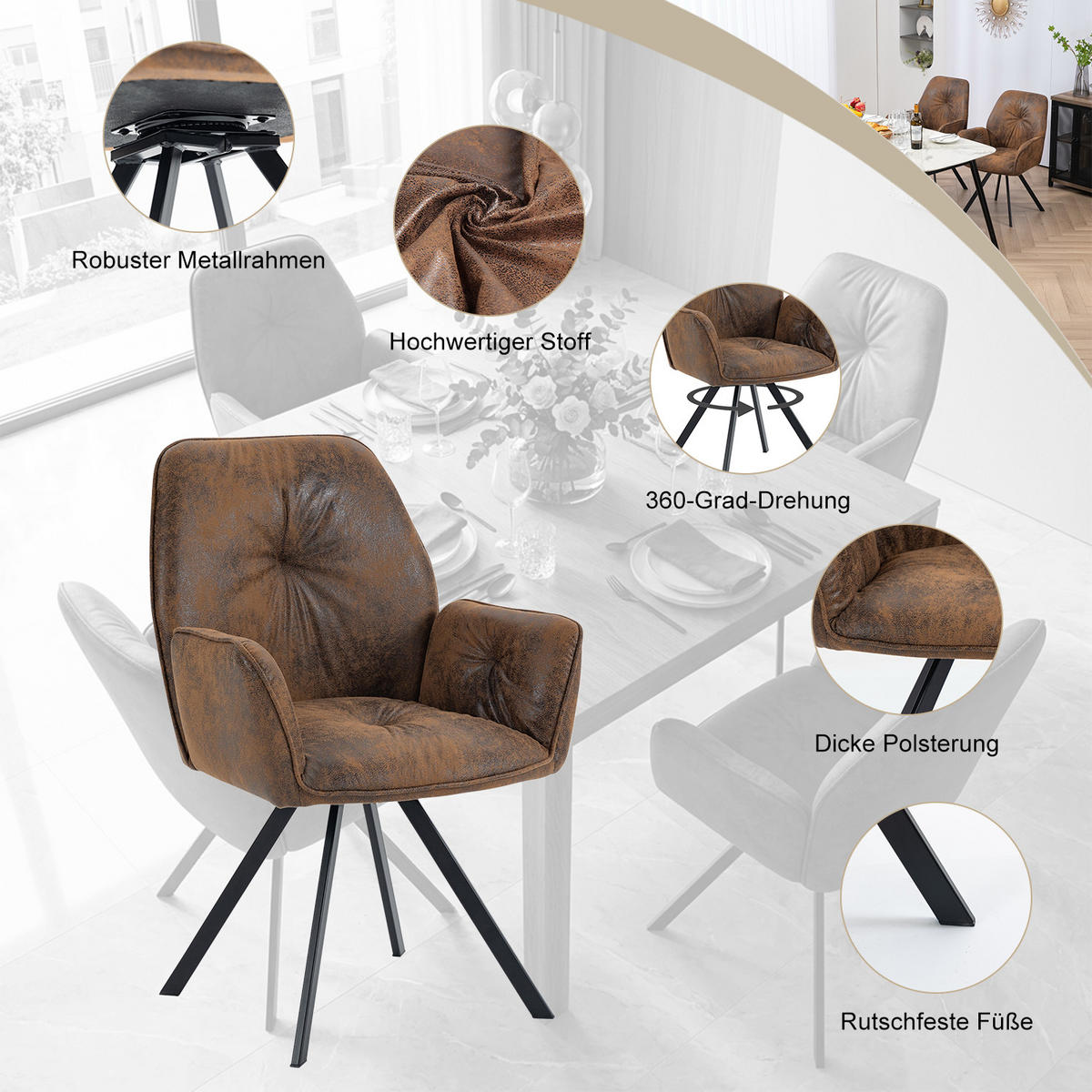 ESSZIMMERSTÜHLE 6er-Set, Drehstühle 360°, gepolstert, Samtbezug, Braun - Braun, Textil (60/87.5/62cm) - Meubles Cosy