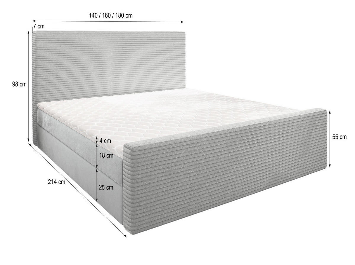 BOXBETT ALORIA 140x200 cm mit Matratze und Topper - Grau - Grau, Holz (140/200cm) - MASSENO