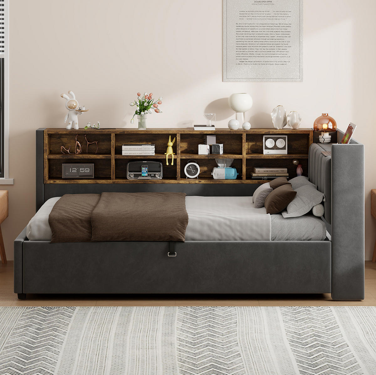 ČALOUNĚNÁ postel 90/200 cm tmavě šedá ze sametu s úložným prostorem a USB - tmavě šedá, textil (90/200cm) - OKWISH