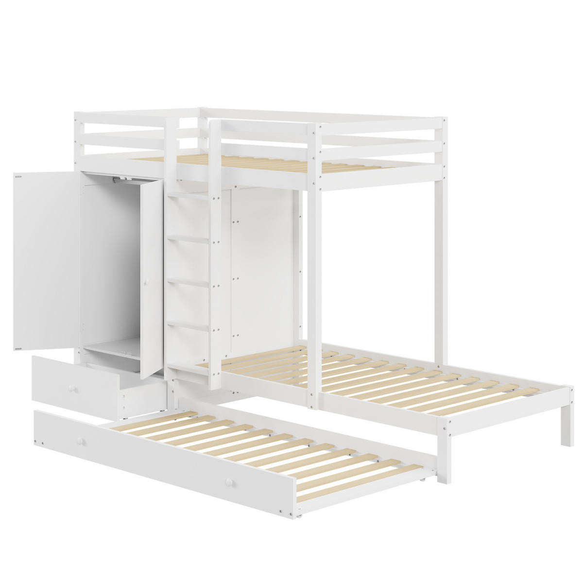 ETAGENBETT mit Ausziehbett, Kleiderschrank und Schubladen 90x200 cm Weiß - Weiß, Holzwerkstoff (90/200cm) - Beauniv
