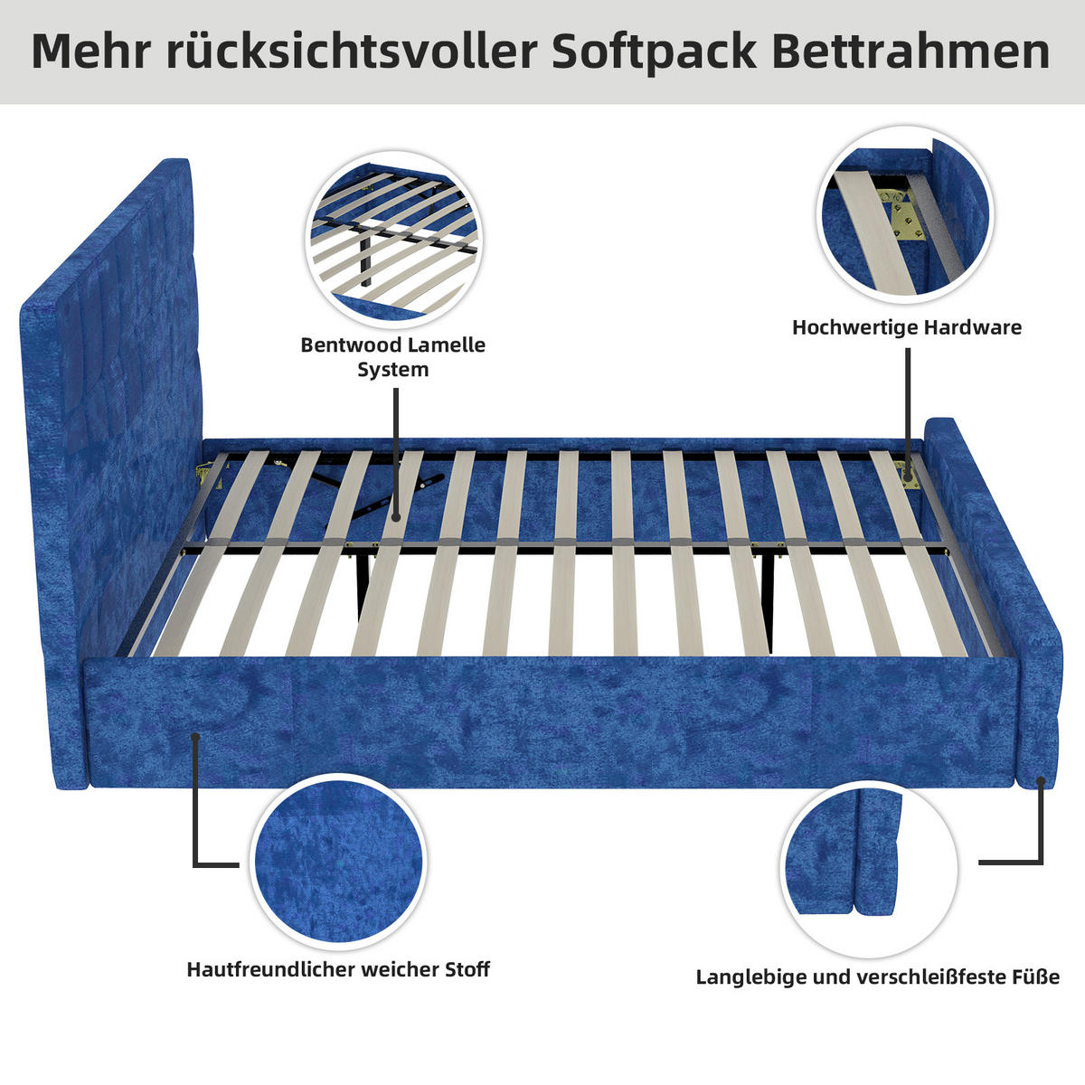 POLSTERBETT 160/200 cm in Blau Samt - Blau, Holzwerkstoff/Textil (160/200cm) - WISHDOR