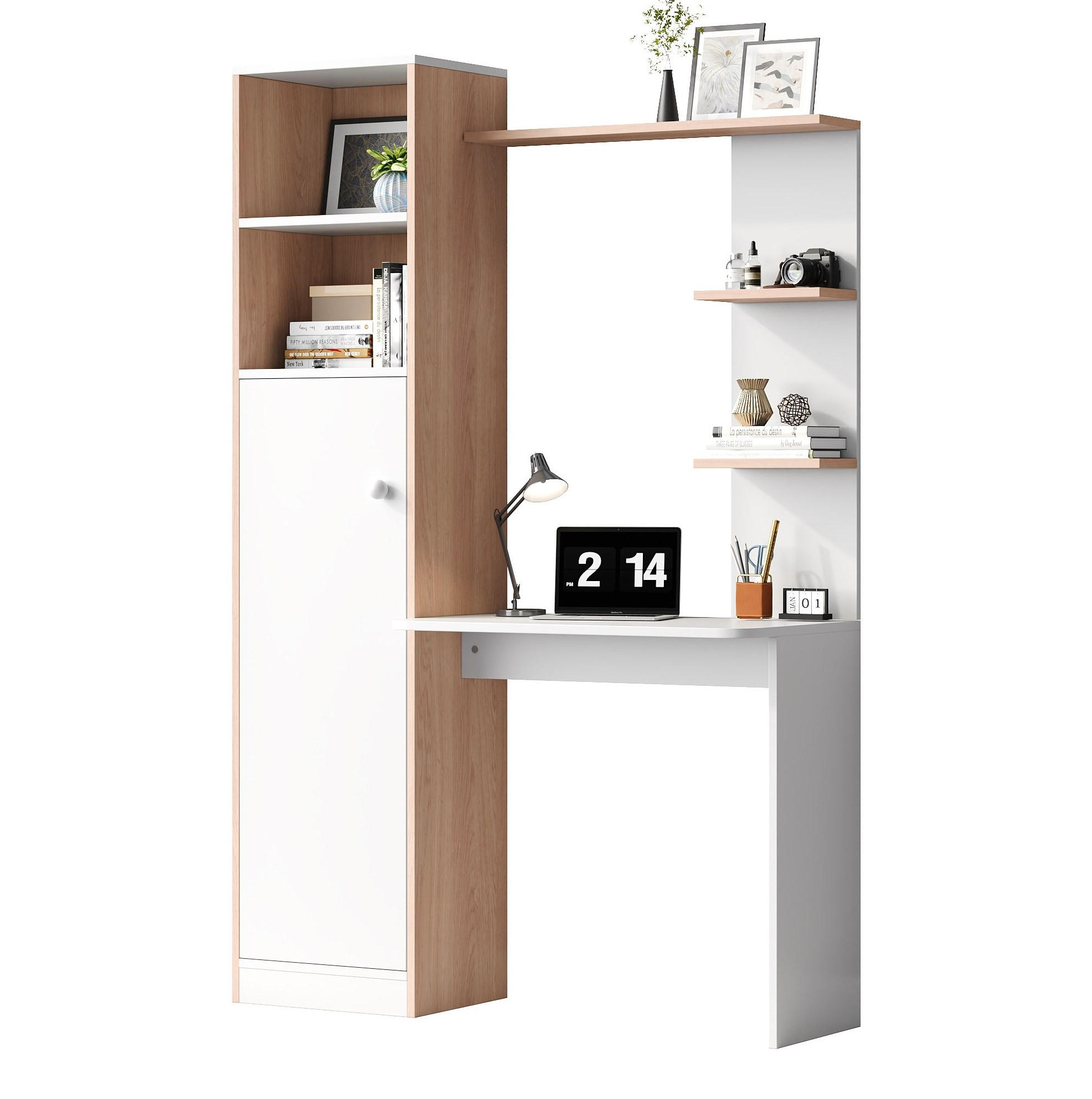 OKWISH PÍSACÍ stôl 123,5/45/168,5 cm bielo-prírodný z MDF s úložným priestorom a otvorenými policami