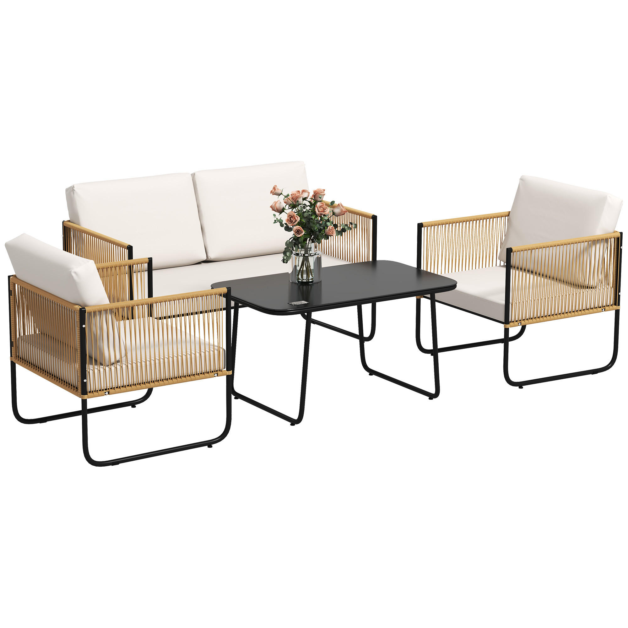 GARTENSET DE-13620 4-teilig mit Glastisch & Kissen Creme - Creme, Kunststoff/Metall - ComfortXL