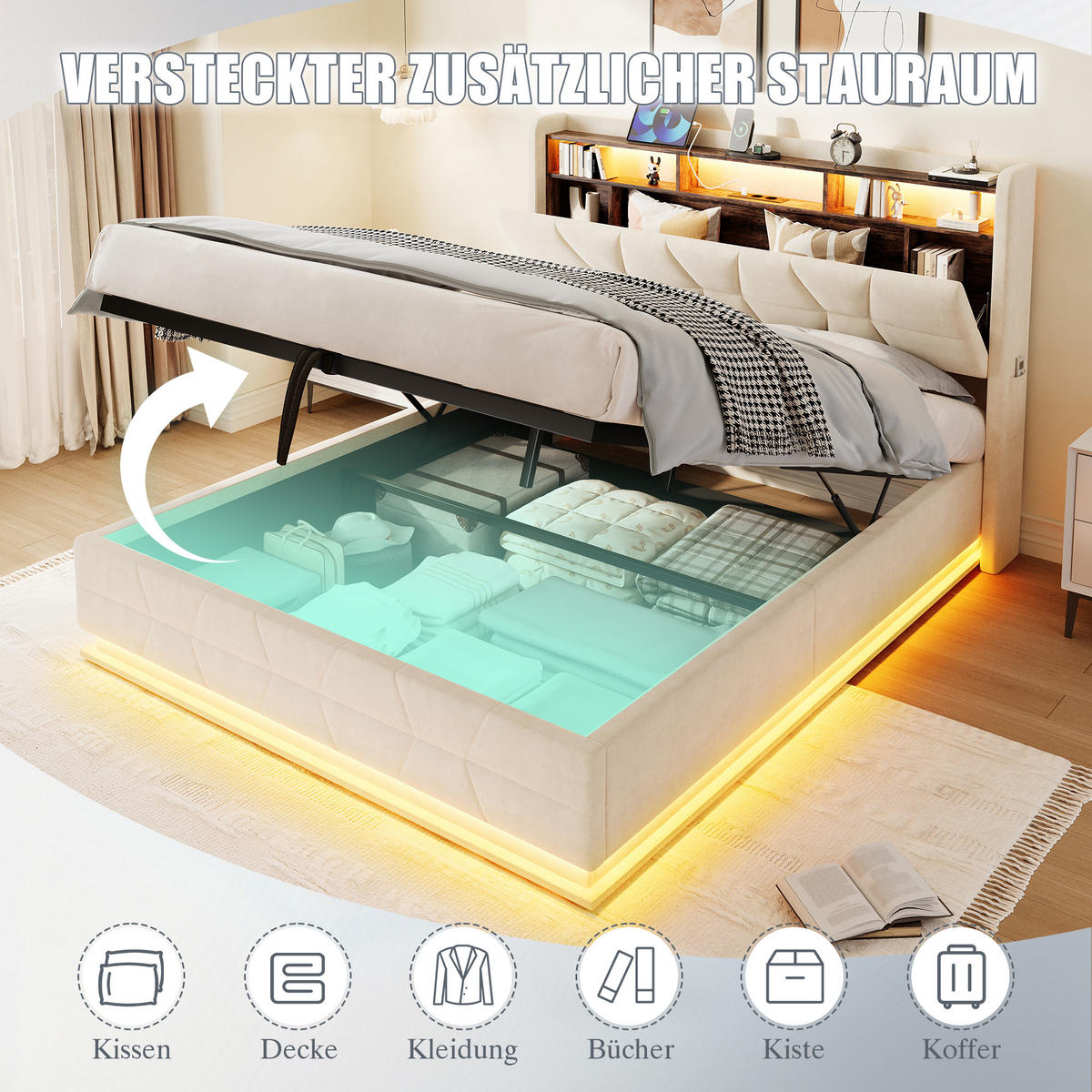 POLSTERBETT aus Samt 140x200 cm in Beige mit LED & USB/Type-C - Beige, Textil (140/200cm) - Modfu