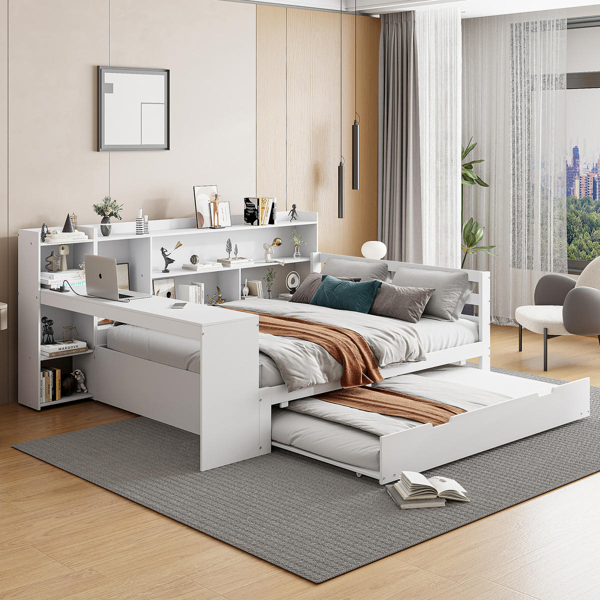 BETT Aus Massivholz mit ausziehbarem Bett und Schreibtisch Weiß 140/200 cm - Weiß, Holz (140/200cm) - OKWISH